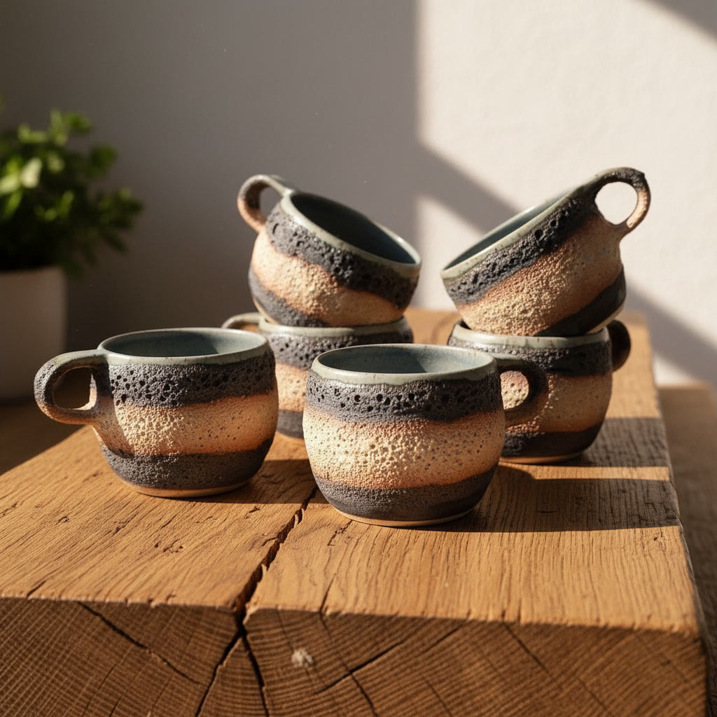 Cană handmade din ceramică Lava Blue cu toartă