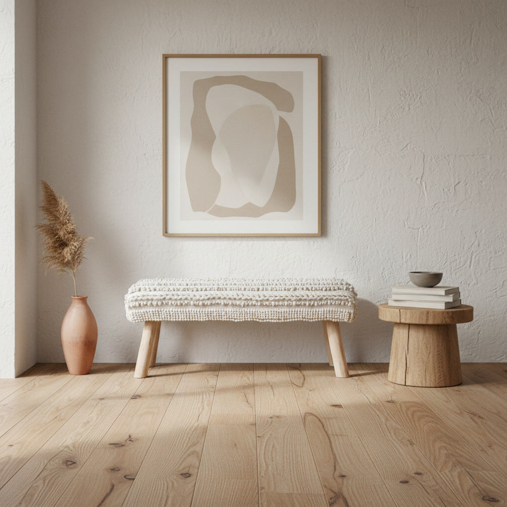 Băncuță handmade din lemn și fibre naturale Zalu