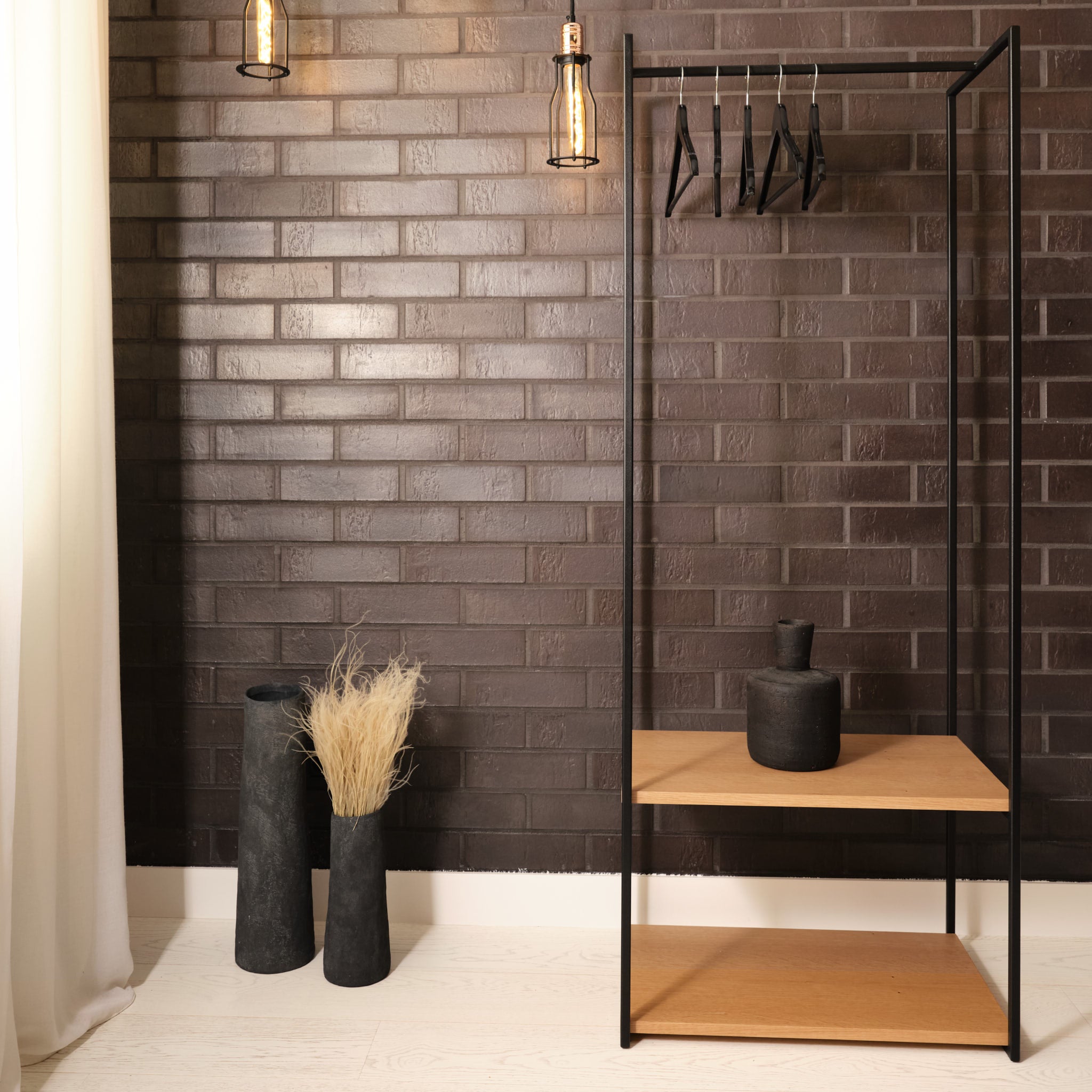 Suport pentru haine cu 2 rafturi din furnir stejar și metal Luft