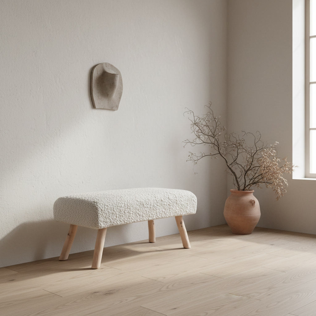 Băncuță handmade din lemn și fibre naturale Noku