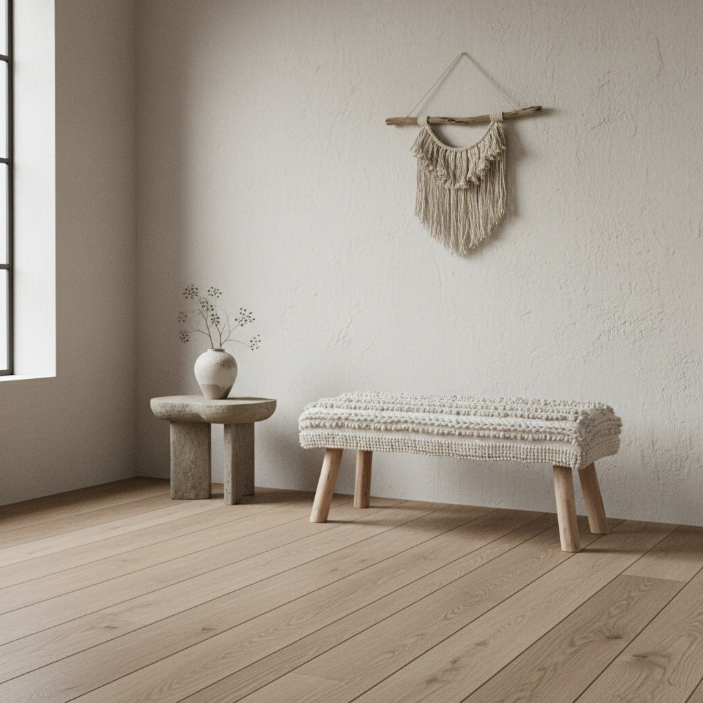 Băncuță handmade din lemn și fibre naturale Zalu